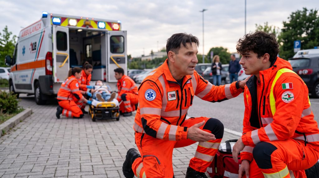 Operatori del 118 in divisa arancione accanto a un'ambulanza durante un intervento